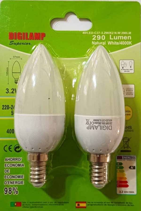 Bombilla C37 Potencia 3.2W Luz neutra Pack 2