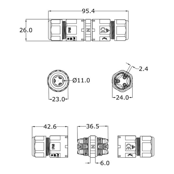 Conector de cable IP68 negro de 3 hilos impermeable / PES-9626R - Imagen 2