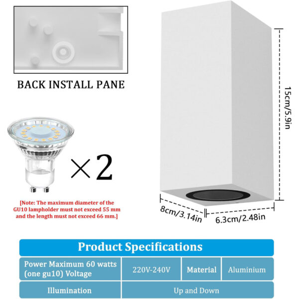Aplique Exterior de Pared Bombilla GU10 Blanco Cuadrado / WAL-1580Q-WH - Imagen 4